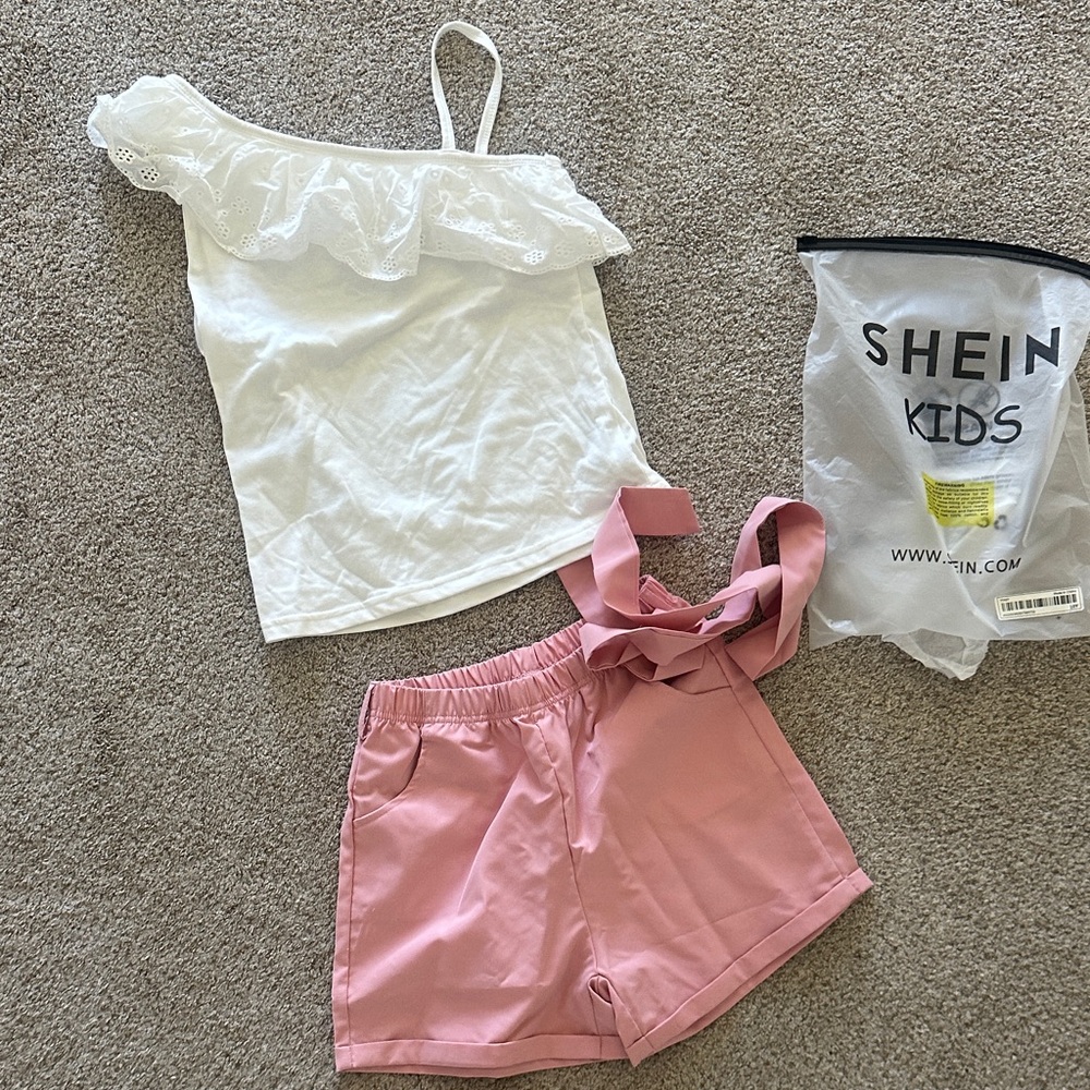 NWT SHEIN Kids White Lace Ruffle Top and Pink Shorts Set